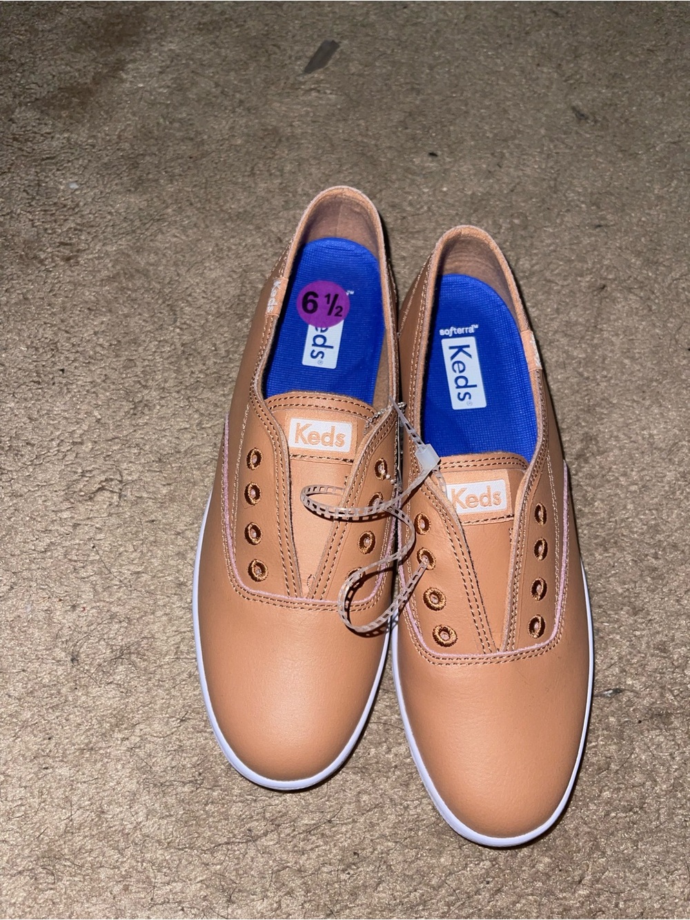 Keds Tan Slip-On Sneakers with Bright Blue Insole